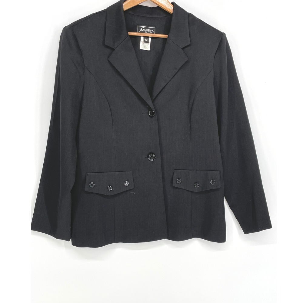 Vintage Sweet Suit Women Blazer 16P Petite Jacket Black Button Pocket Accent